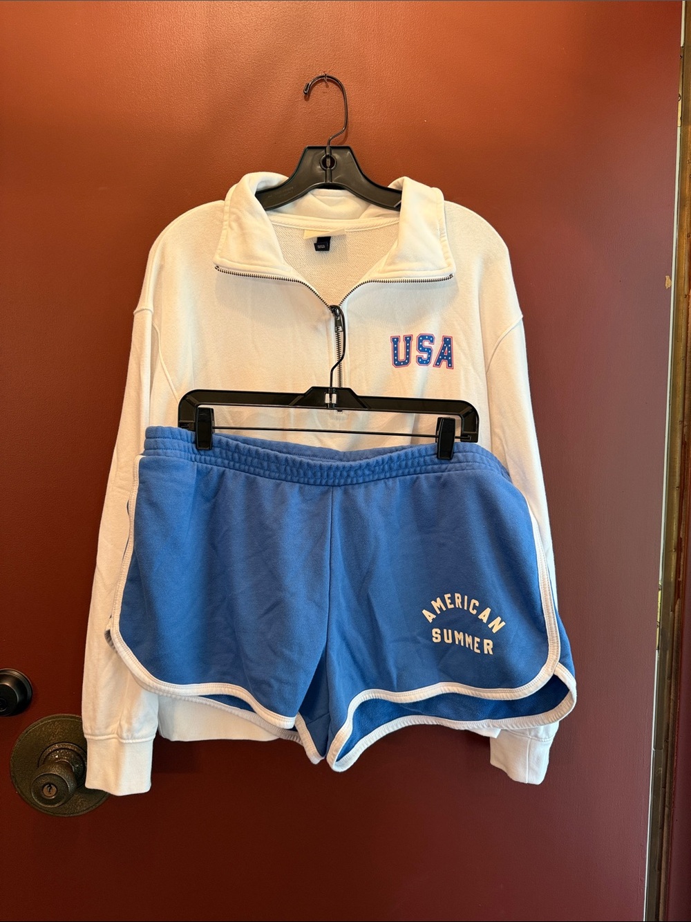 Universal Thread Blue Athletic Shorts with White Trim and Flag Sweatshirt